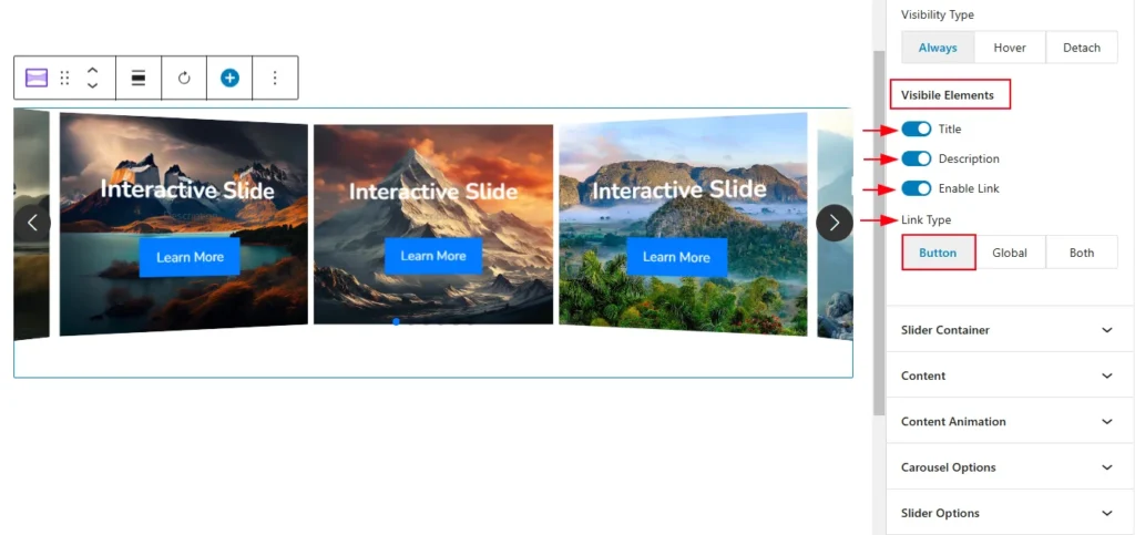 visibility elements settings